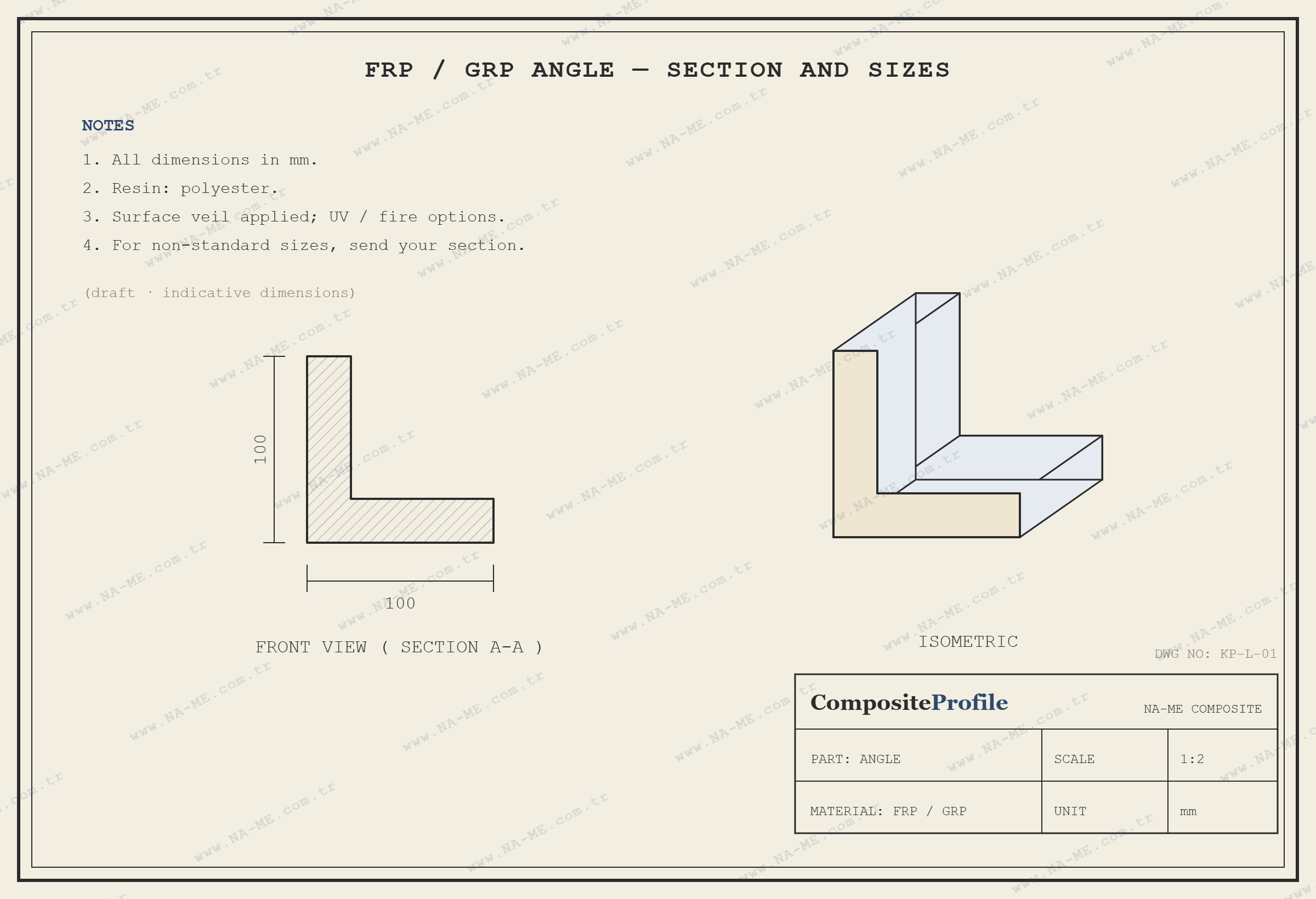 Angle technical drawing: section, dimensions and isometric view