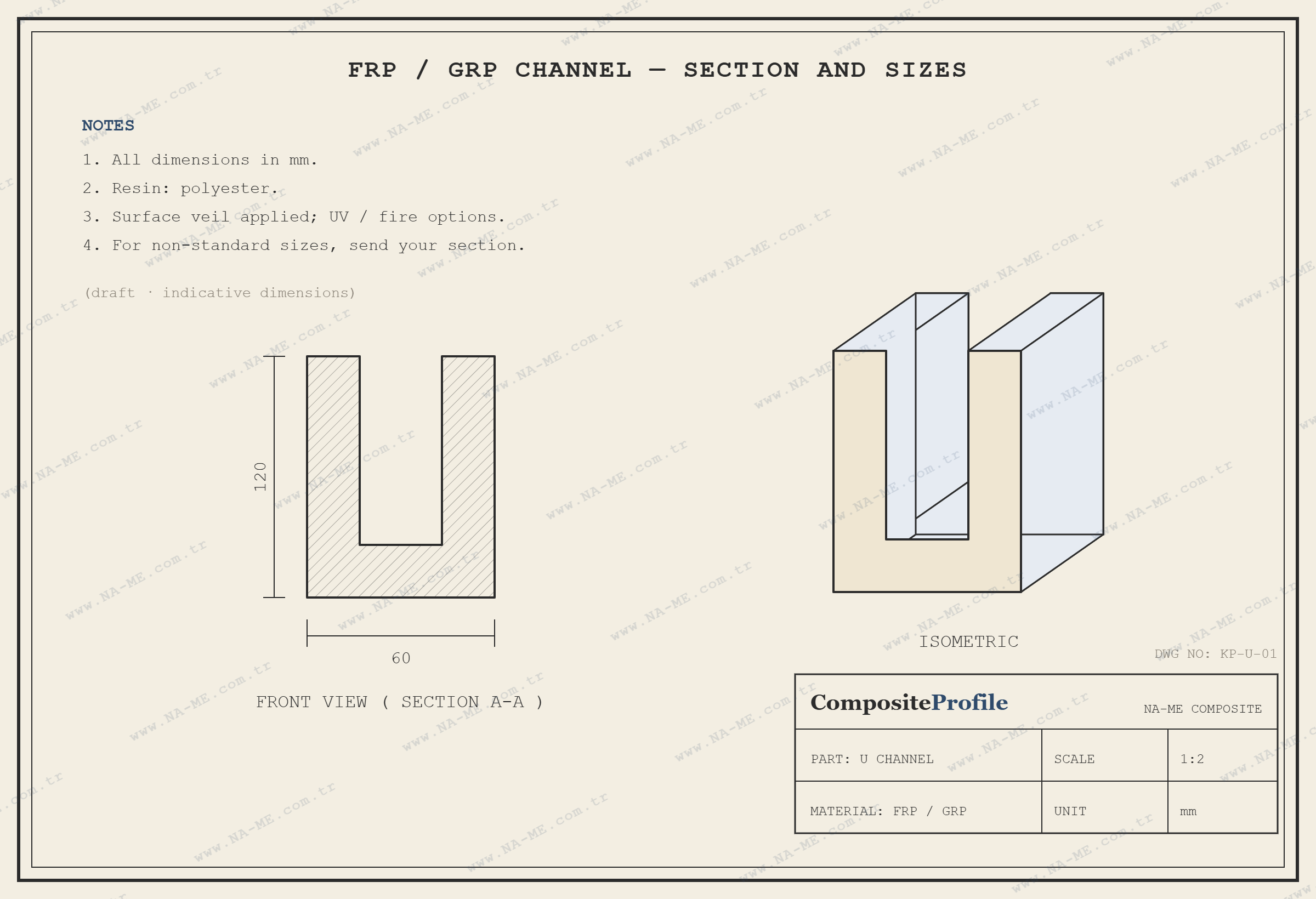 U channel technical drawing: section, dimensions and isometric view