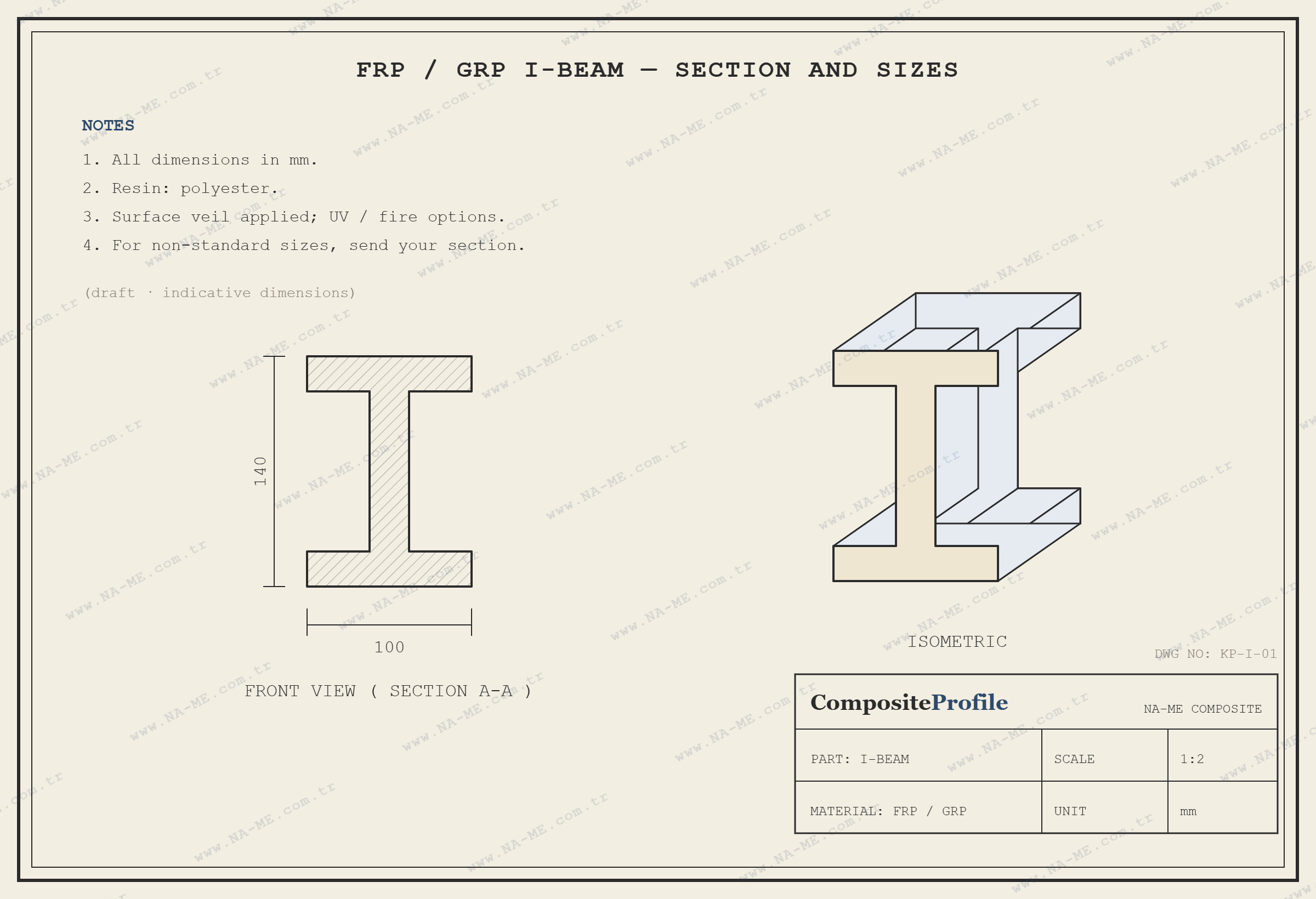 I-beam technical drawing: section, dimensions and isometric view