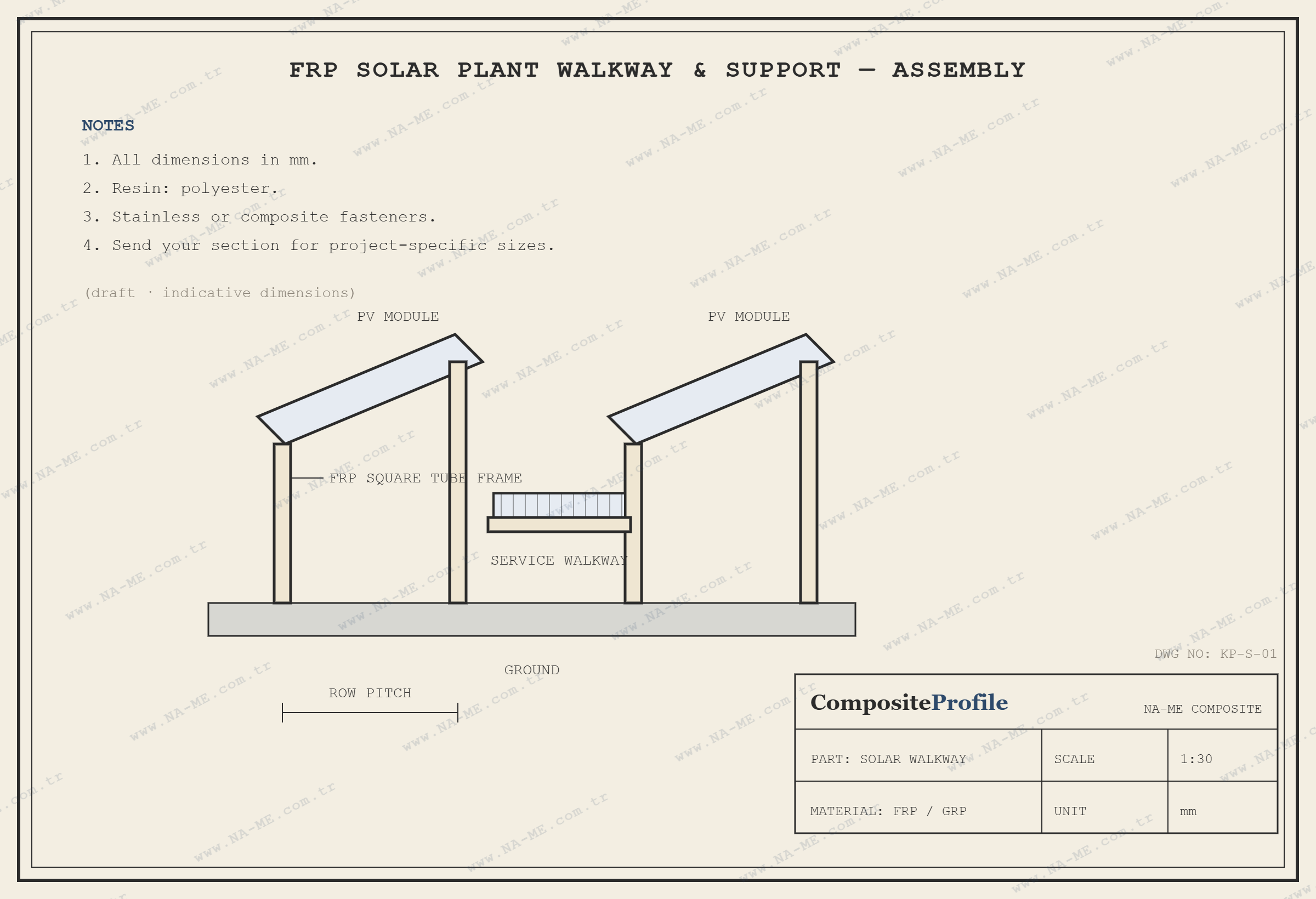 Sketch of composite service walkways and support profiles between panels at a solar power plant