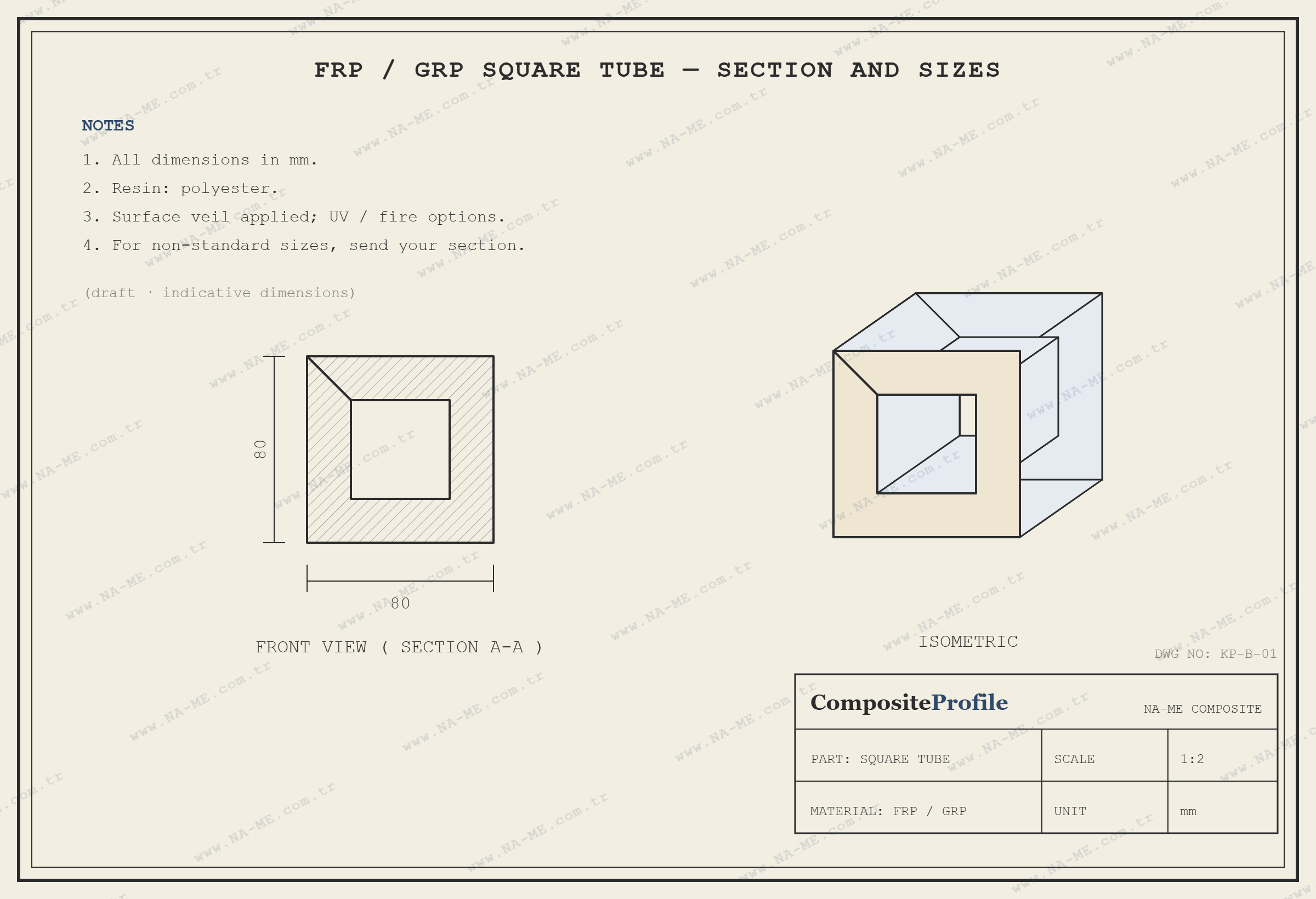 Square tube technical drawing: section, dimensions and isometric view