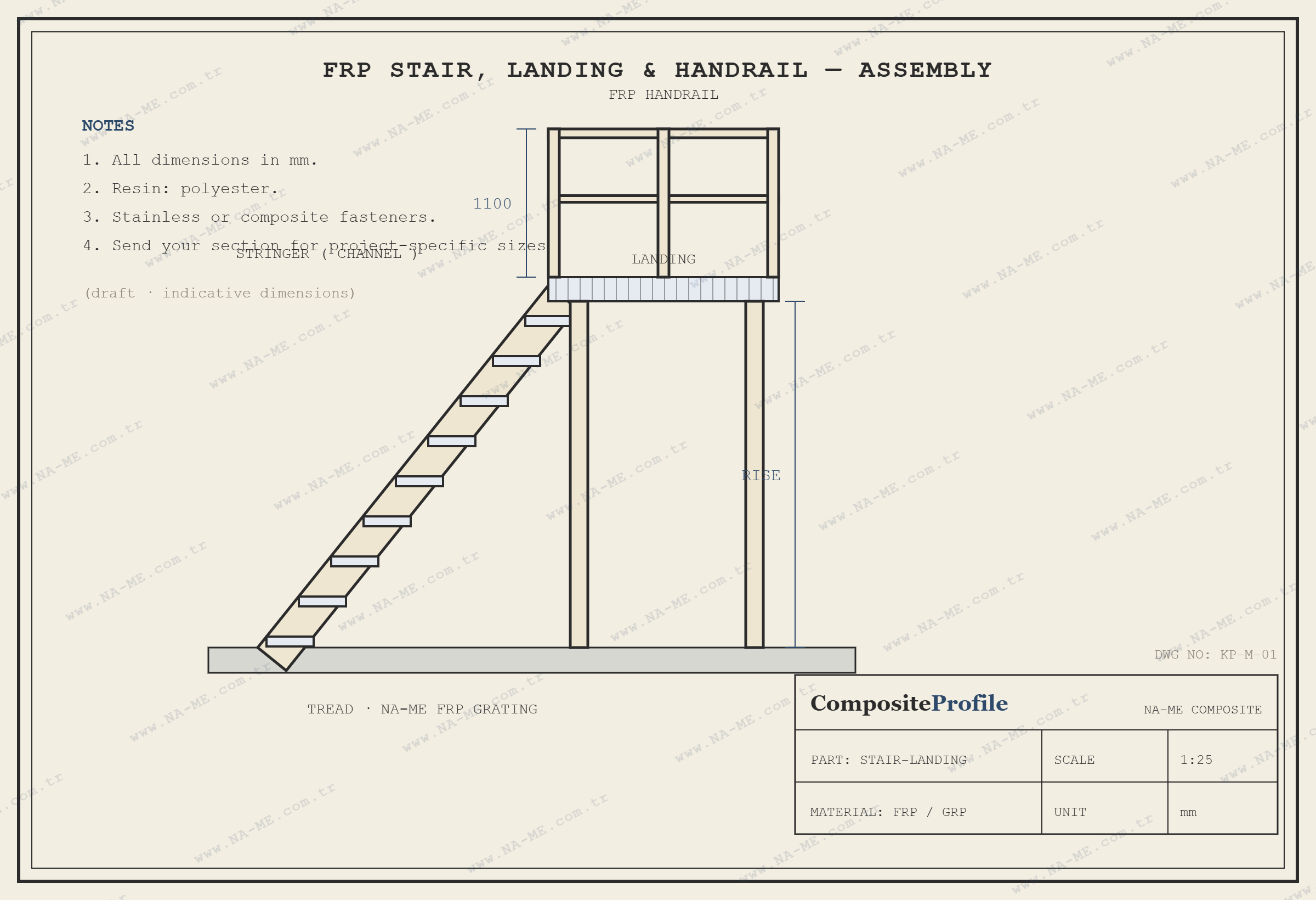 Sketch of a composite stair with treads, landing and FRP handrail system