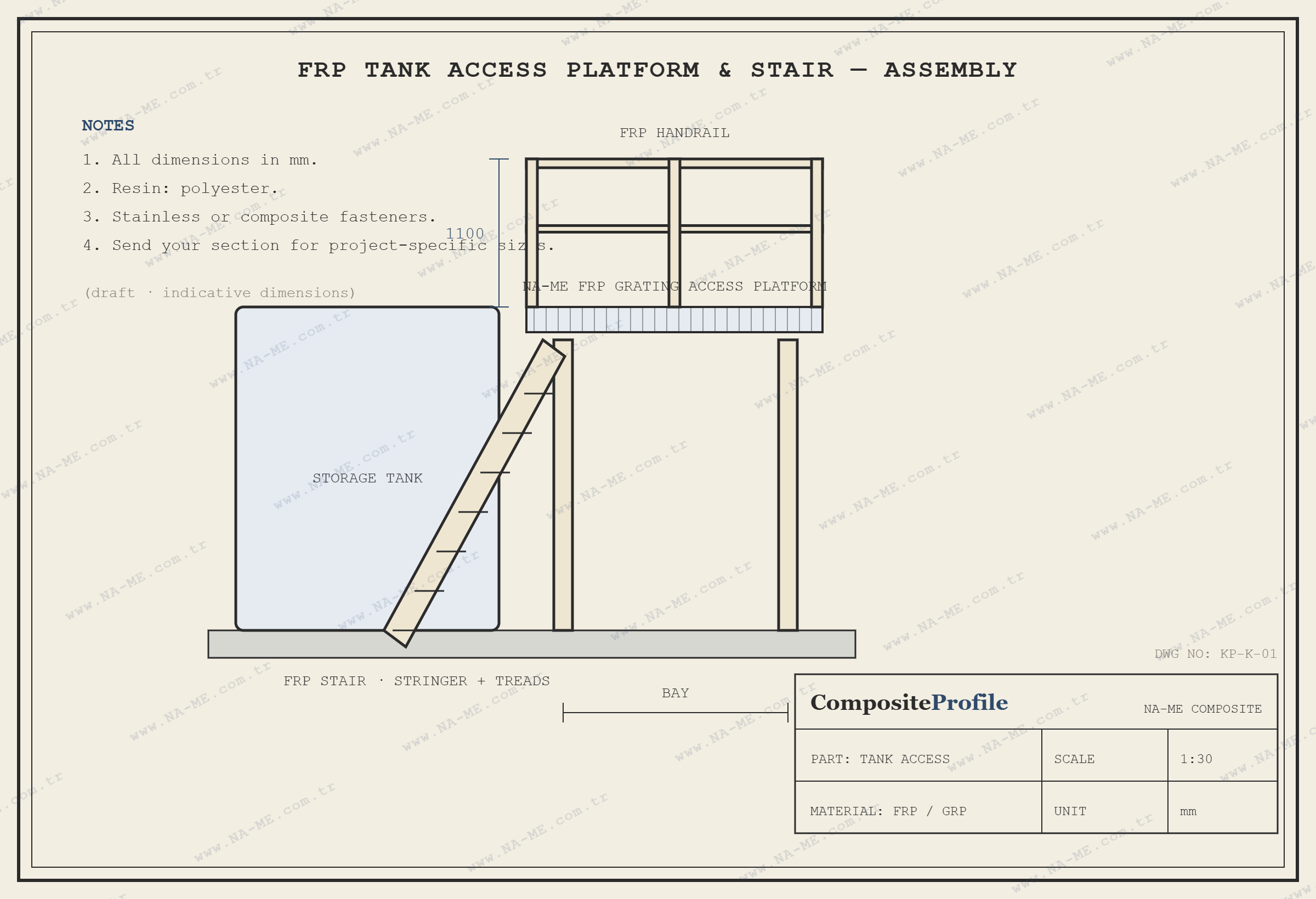 Sketch of a storage tank with a composite access platform and stairs in a chemical plant